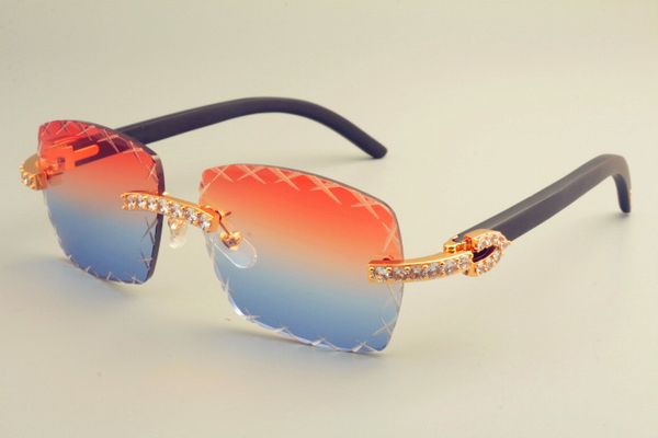 T8300177-G-Sonnenbrille mit gravierten X-förmigen Gläsern, stilvoller, dekorativer Sonnenschirm mit großen Diamanten, Sonnenbrille mit Bügeln aus naturschwarzem Holz