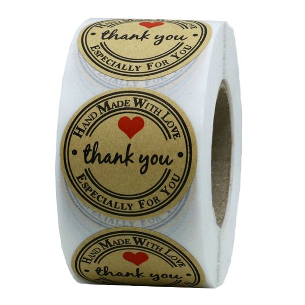 

1 roll of 500pcs round kraft thank you stickers self adhesive labels brown