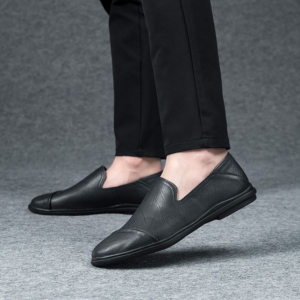 

men loafers genuine leather shoes outdoor slip n fashion men boat shoes casual leather male flat moccasins, Black