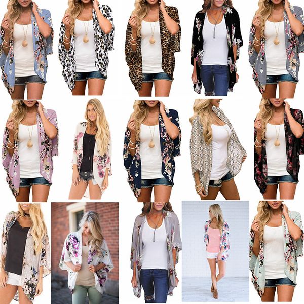 

women floral suntan cardigan coat batwing sleeve blouse cover summer chiffon beach cape bikini cover-ups loose kimono beachwear ljja2479-16, White