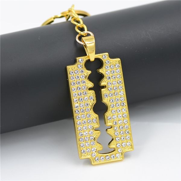 Moda-p Hop Style Collana con pendente a lama di rasoio in lega di colore oro con strass ghiacciati con collana a catena da 70 cm per uomo regalo di Natale