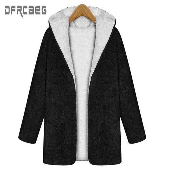 

2019 new winter warm loose women woolen coat autumn black casual wool liner ladies hooded jacket solid open stitch coat femme, Black;brown