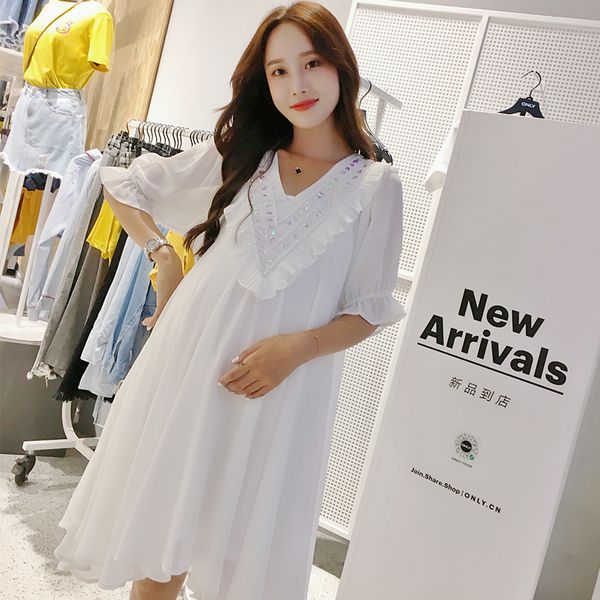 

pink/white 2019 summer fashion maternity loose chiffon two-piece dresses beaded v-neck ruffles collar short sleeve dress sweet