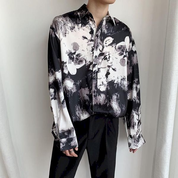 

nicemix floral print mens shirts casual shirt button up long sleeve blouse white men's clothing streetwear summer gothic top, White;black
