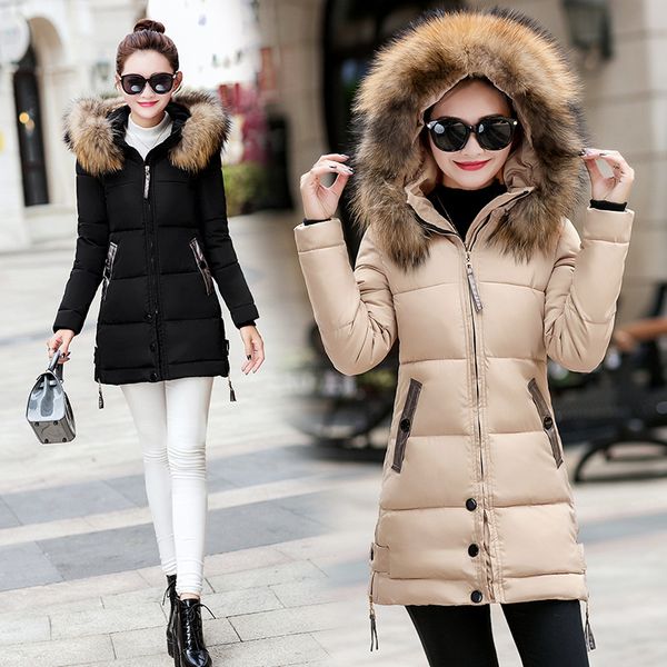 

factory direct sales long cotton coat ladies korean version of the self-cultivation hooded large fur collar down jacket, Black