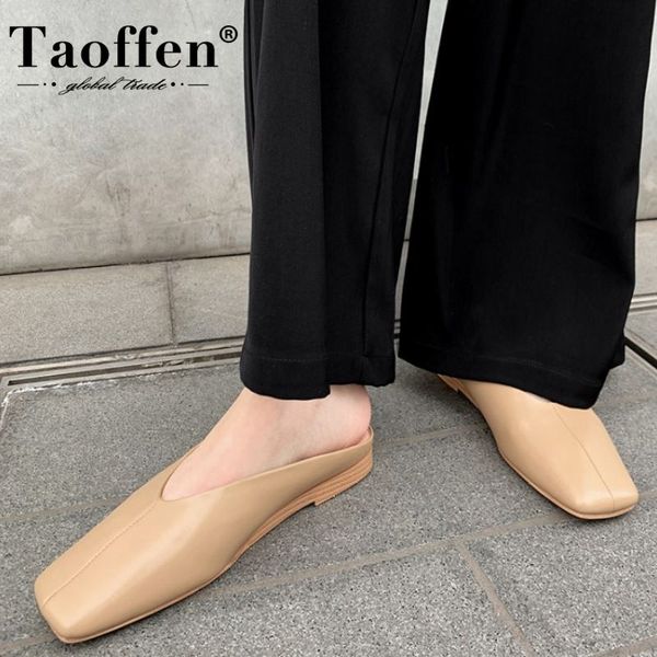 

taoffen women sandals shoes square toe low heel mules slip on genuine leather shoes ladies footwear size 34-43, Black