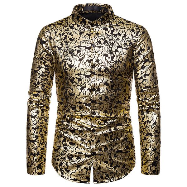 

men's paisley floral gold shiny printed tuxedo shirt brand banded collar slim fit dress shirt men wedding party baroque chemise, White;black