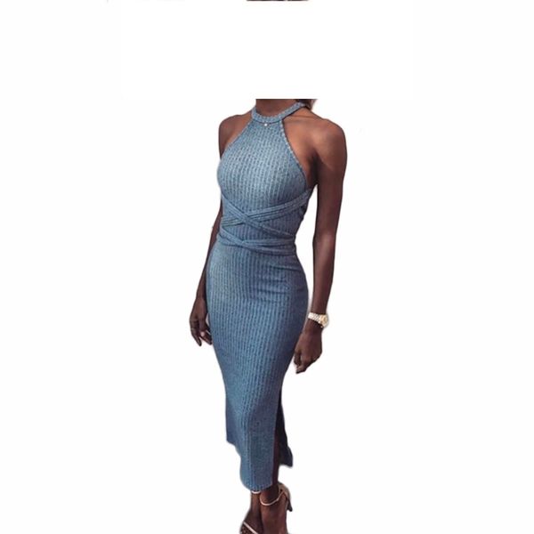 

summer women's o-neck halter dress strapless sleeveless slim mid-calf split blue dress #270089, Black;gray