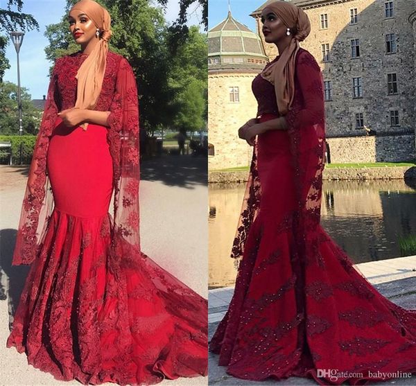 

elegant black girls burgundy lace mermaid evening dresses formal gowns high neck appliqued beads long sleeves prom gowns muslim vestidos, Black;red