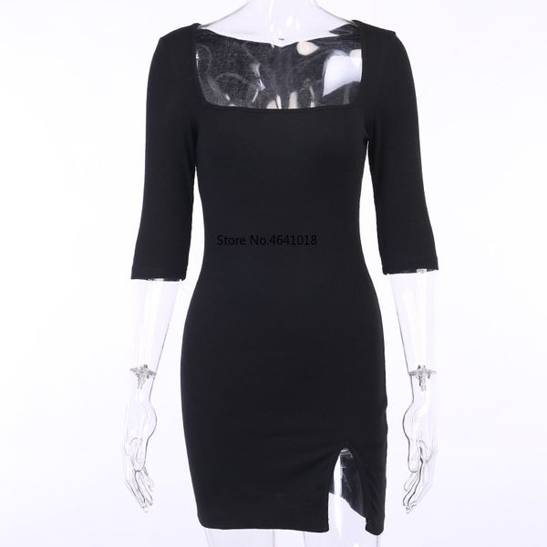 

split dress women square collar summer mini dress half sleeve club/party slim black short vestidos 2020, White;black