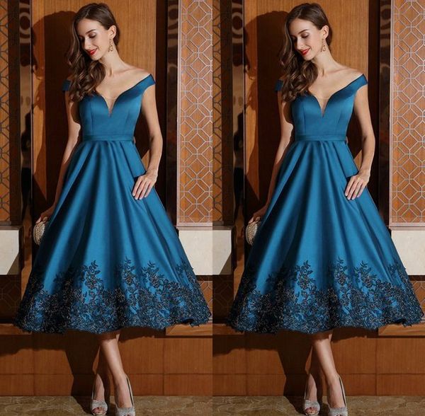 

elegant indigo tea length evening dresses off shoulder lace applique edges a line prom party gowns, Black;red