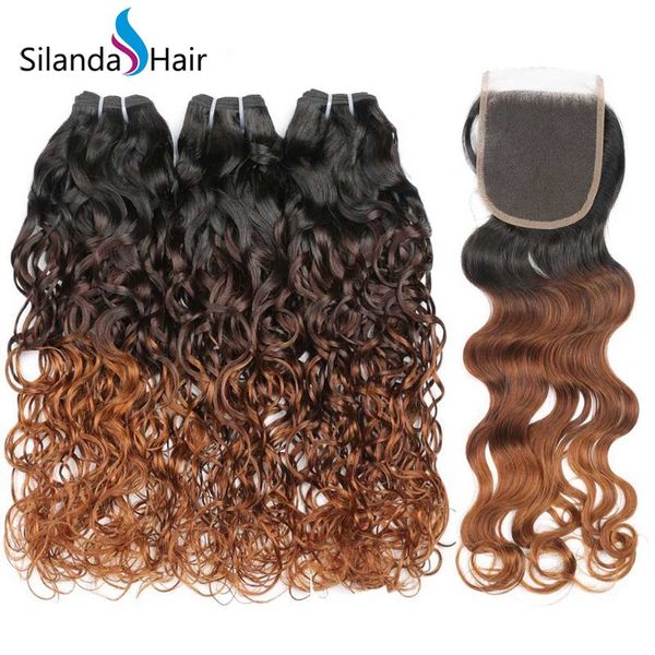 

silanda hair ombre color #t 1b/4/30 water wave brazilian remy human hair weaves 3 weaving bundles with 4x4 lace closure ing, Black;brown