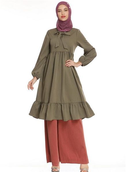 

muslim brown women dress southeast asia 2020 bow tie collar long sleeve pleated high waist lotus leaf swing dress two pieces, Red