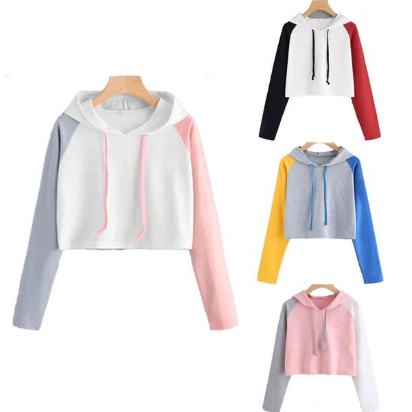 

Fashion New Women Hoodie Sweatshirt Crop Tops Patchwork Long Sleeve Hooded Pullovers Tops Outwear S-2XL