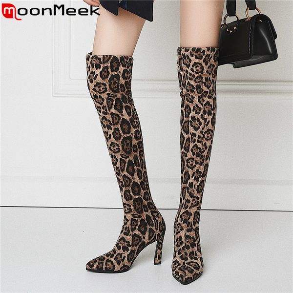 

moonmeek big size over the knee boots pointed toe thigh high boots flock high heels shoes leopard print autumn winter, Black