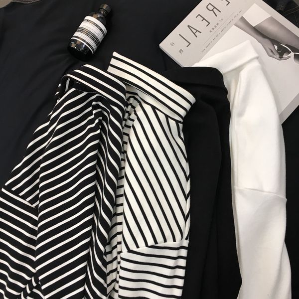 

2019 new black white striped long sleeve t shirts women loose t-shirt womens female fashion korean style school students females