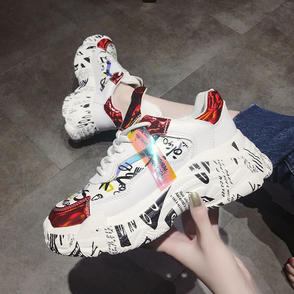 

newspaper bottom laser shoe female new style letter sponge cake bottom single net individual character spell color web celebrity shoe, Black