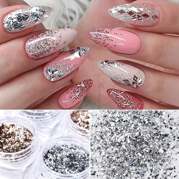 

1 коробка смешивания размеров лазерная щепка ногтей блестки блеск пыли nail art порошок красочная пыль для уф гель лак для ногтей украшения, Silver;gold
