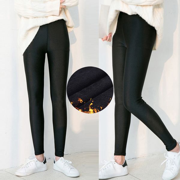 

fashion womens plus size leggings winter warm plus velvet solid elastic pencil pants casual high waist leggings women trousers, Black