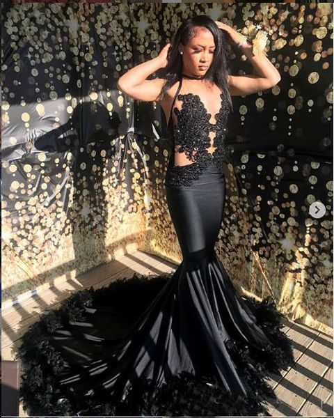 

Feather Black Mermaid Prom Dresses 2019 New Sleeveless Sweep Strain Lace Applique Beading Formal Evening Dress Party Gowns