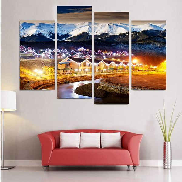 4pcs/set unframed country scenery lighting snow print on canvas wall art picture for home and living room decor