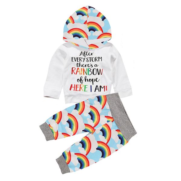 

toddler infant newborn baby girls clothes outfit rainbow tracksuit hooded + leggings pants headband 2pcs set, White