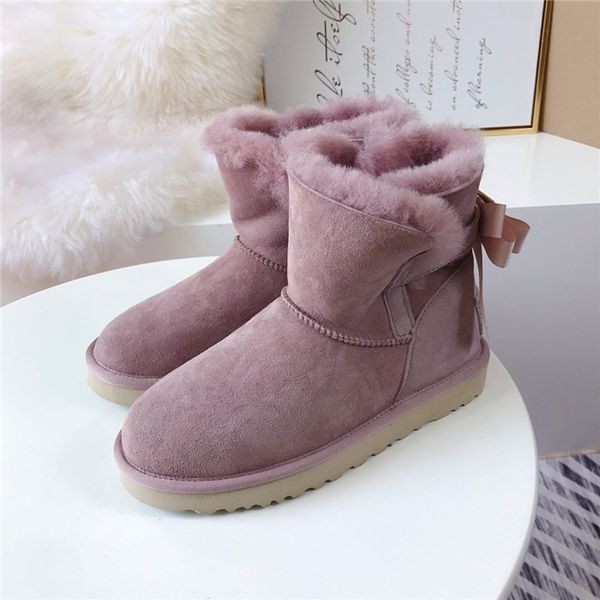 

brand women winter mid-calf snow boots with bows ladies genuine cow leather boots fur shoes female ski icing footwear waterproof, Black