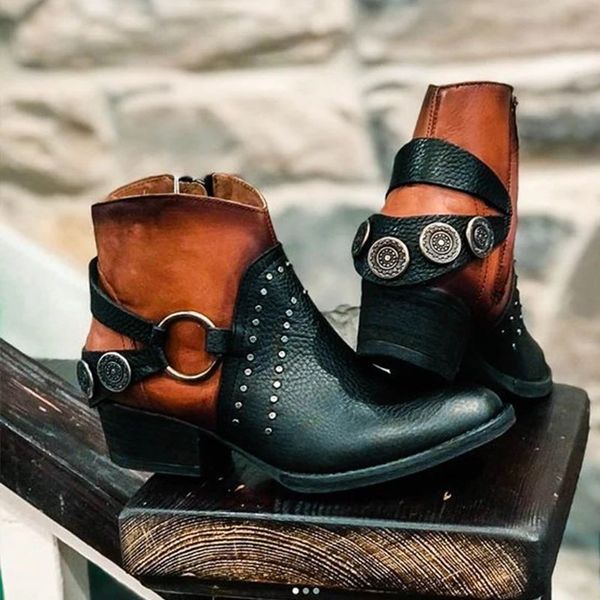 

monerffi western boots women pu leather zipper ankle boots buckles thick heel black boot women rivet decorated motorcycle