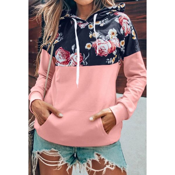 

women's hoodies & sweatshirts feitong winter fashion loose patchwork long sleeve casual pocket printing hoodie blouse, Black