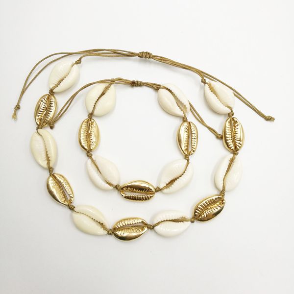 

rainbery nature and zinc alloy shell charm necklace brown cord gold color hand jewelry one set necklace for women gift, Golden;silver