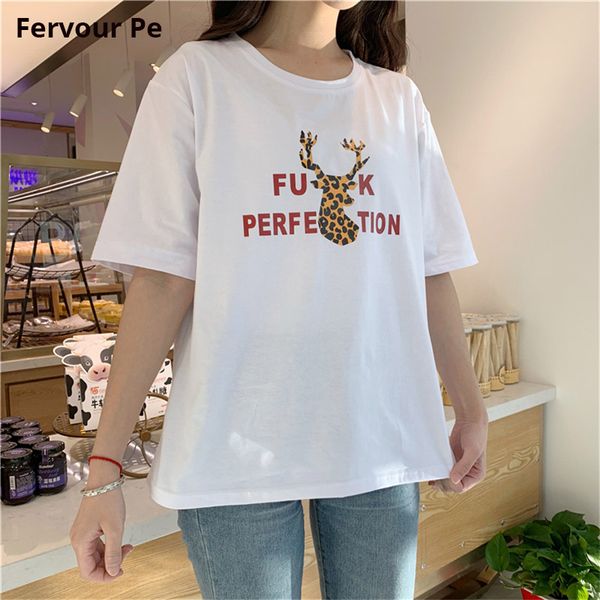 

women's t-shirt half sleeve personality leopard print fawn splicing letters printi slim loose style tee shirt female 911, White