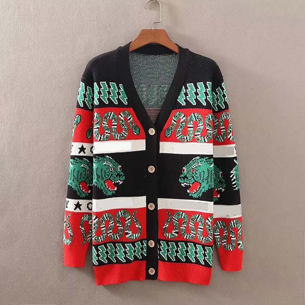 

2019 new autumn and winter women knitwear covered tiger head print v-neck knit shirt cardigan sweater womens outwear size s-3xl a93men, White