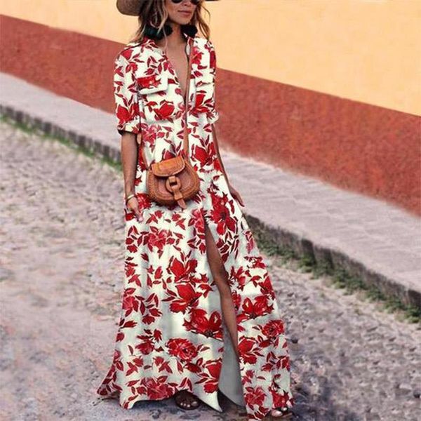 

women's maxi long dress 2019 summer bohemian print long sleeve split ankle dress vestidos with pocket, Black;gray