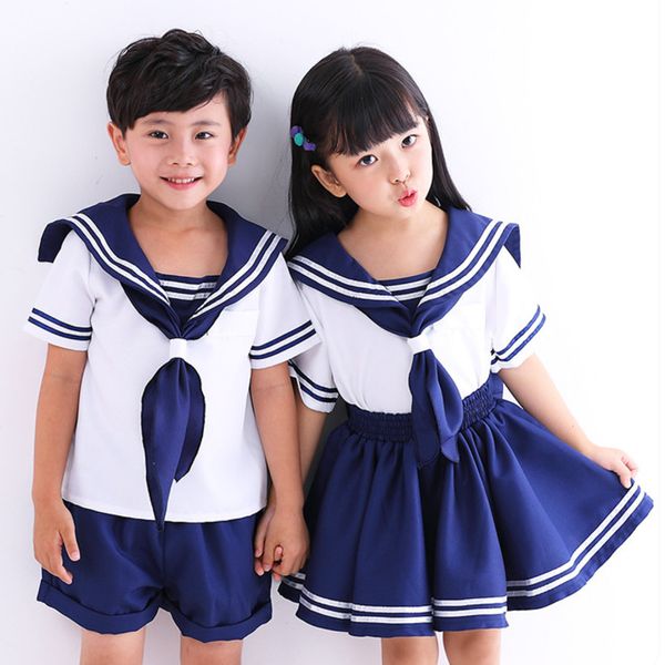 

2 pieces clothing set cute anime kid baby girls boys sailor moon cosplay dress bowknot kawaii lolita school navy uniform 2-11t, White