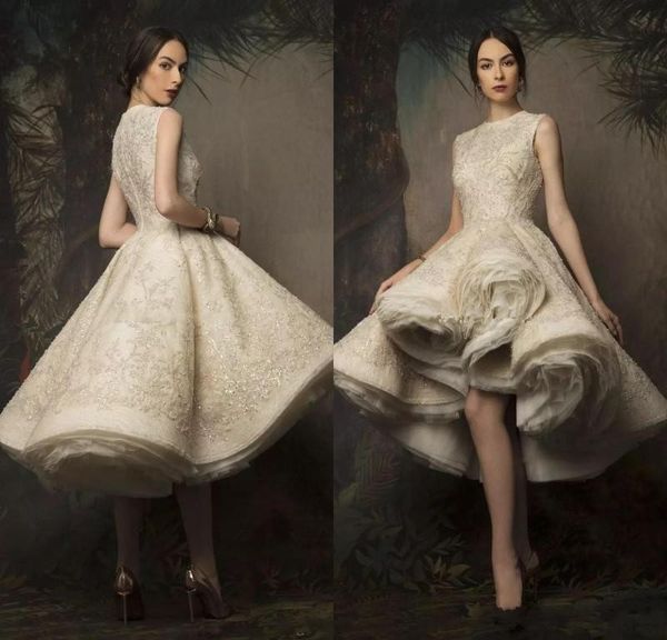 

Krikor Jabotian High Low Wedding Dresses 2019 Jewel Neck Lace Sequined Short Wedding Dress Ruched Organza Bridal Gowns CF