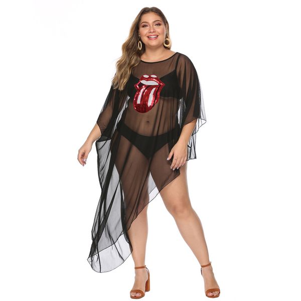 

beach outings for women sarong wrap kaftan cover-ups plus size dress sequins tongue decals perspective irregular bikini, White;black
