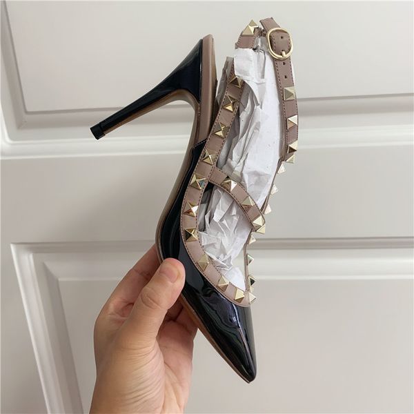 

casual designer real p black patent leather point toe studded spikes strappy high heels shoes brand new 9.5cm