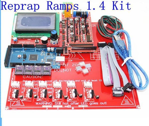 Freeshipping RepRap Rampas 1.4 kit mega 2560 Heatbed mk2b 12864 LCD Cabos Controlador DRV8825 Mecânica fim de curso de impressora 3D