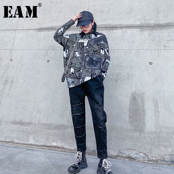 

eam] pencil pants black denim with fleece jeans new high waist loose women trousers fashion tide spring autumn 2019 1m660, Blue