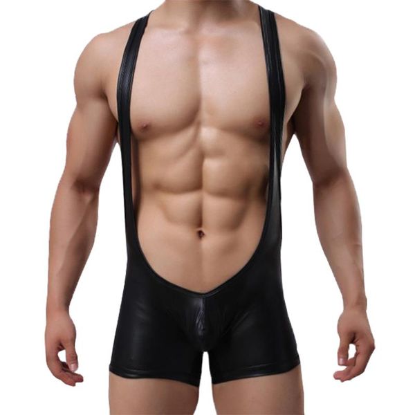 

men undershirt faux leather pu wrestling singlet jumpsuit suspender teddies underwear one-piece bodysuit black, Black;white