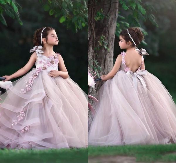 

cute princess blush pink flower girls dresses for weddings jewel neck lace 3d appliques tiered girls pageant dress kids brithsday gowns, White;blue
