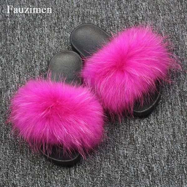 

woman shoes nature raccoon fur slippers women sliders winter, Black