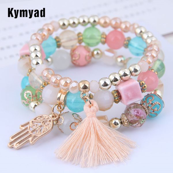 

kymyad bohemia bracelet beads stone bracelets for women crystal beaded tassel charm bracelets jewelry multilayer bracelet, Golden;silver