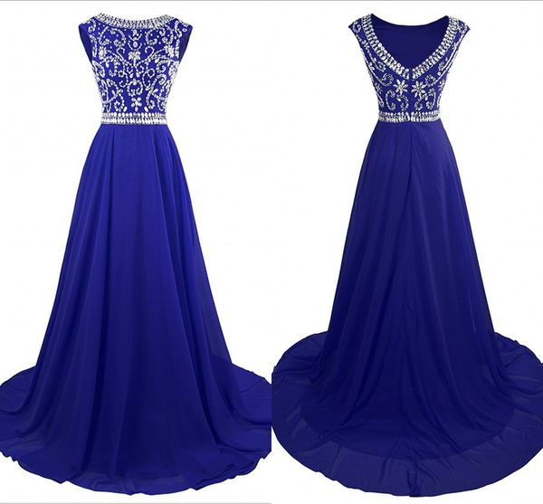 Immagine reale Abiti da ballo blu royal Bateau in chiffon con scollo a V aperto sul retro Abito da sera con paillettes con perline di strass Abiti eleganti da cerimonia lunghi economici