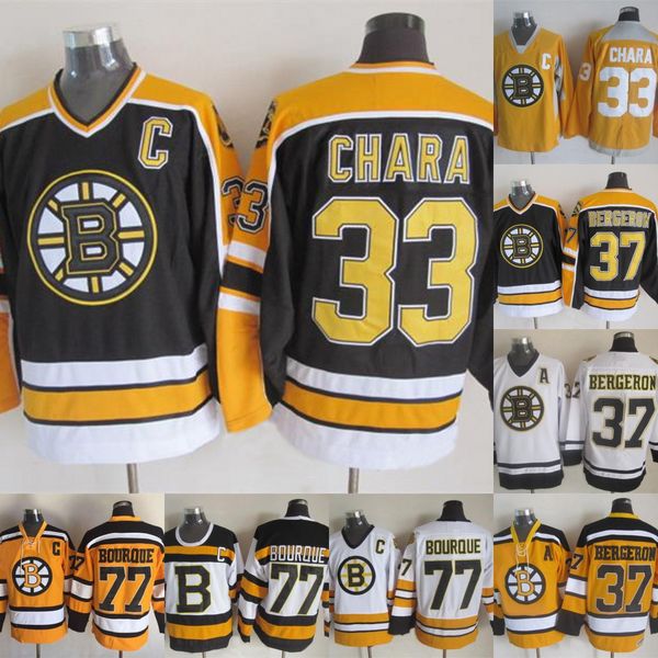 

Boston 33 Zdeno Chara Bruins 37 Patrice Bergeron Jersey 77 Ray Bourque Stitched Name and Number Hockey Jersey Fast Shipping Black White