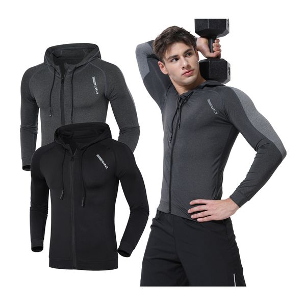 

sports jackets men running coat fitness long sleeve hooded tight hoodies zipper slim hiking sweatshirts male gym training, Black;red