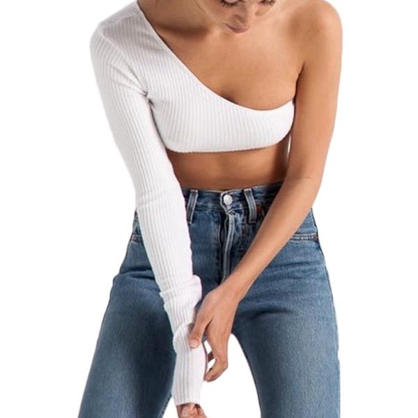 

summer new crop womens t shirts off the shoulder for women one long sleeve black white casual punk tshirts casual