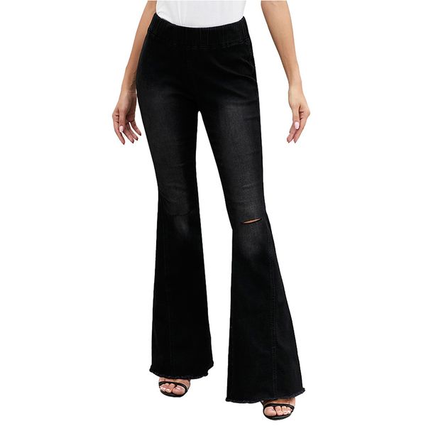 

2019 women black multicolor sky blue distressed bell bottom denim pants lady long jean fashion jeans