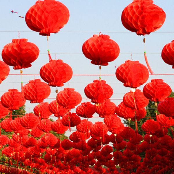 

20 pieces 6-16 inch chinese style red honeycomb waterproof paper lantern for festival supplies party and wedding decoration