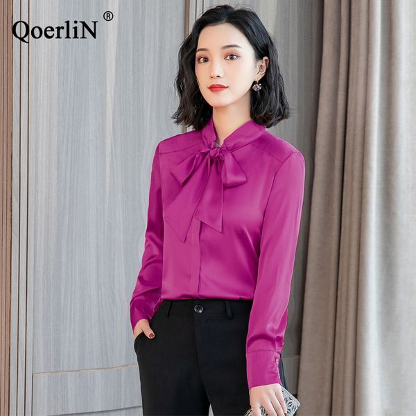 

qoerlin elegant bowtie blouse women fashion long sleeve slim casual shirts female plus size solid green blouse girls blusas, White